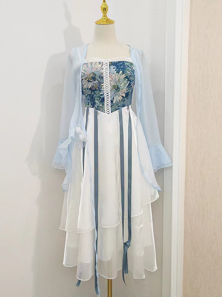 Blue Floral Tapestry Cottagecore Dress