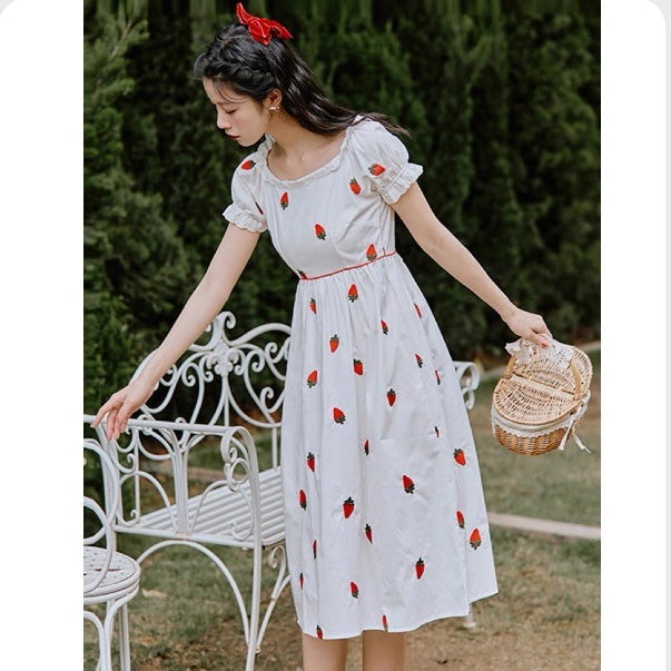 Strawberry Embroidered Cotton cottagecore Midi Dress
