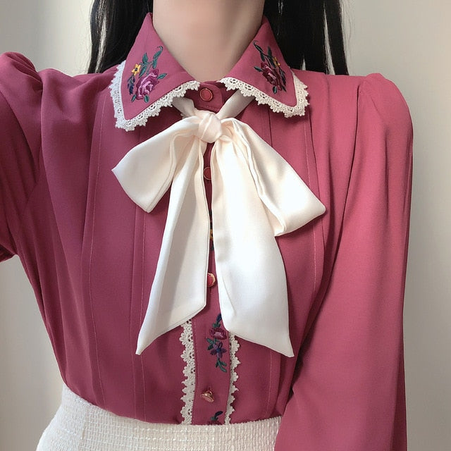 Aesthetic Flower Embroidered Chiffon Shirt