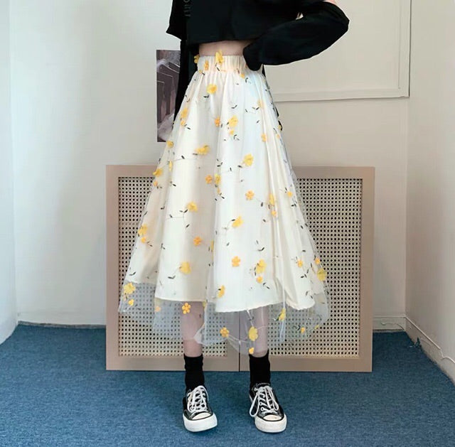 Flower Embroidered Cottagecore Skirt