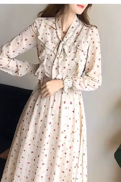 Vintage-style Romantic Heart Print Cottage Dress