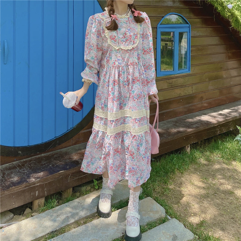 Vintage-Aesthetic Cottage Fairy Floral Fall Dress