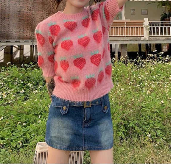 Pink Cottagecore Strawberry Sweater
