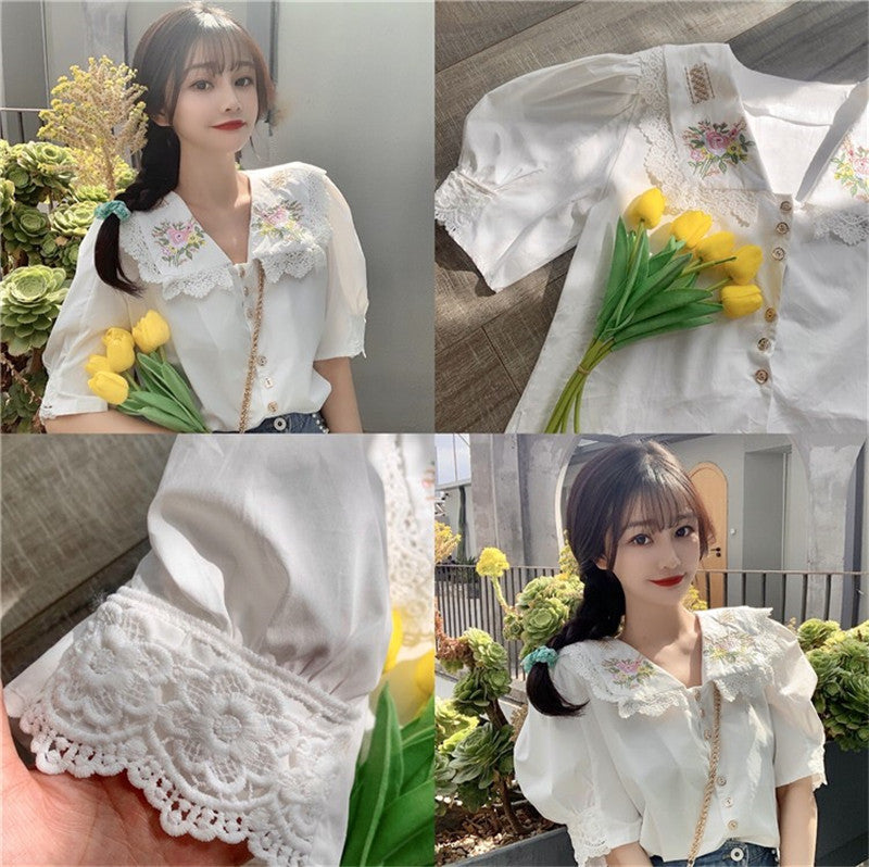 Flower Embroidered Lace Vintage Cottagecore Shirt