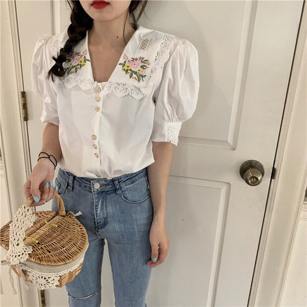 Flower Embroidered Lace Vintage Cottagecore Shirt