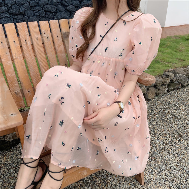 Pink Blush Flower Embroidered Kawaii Dress