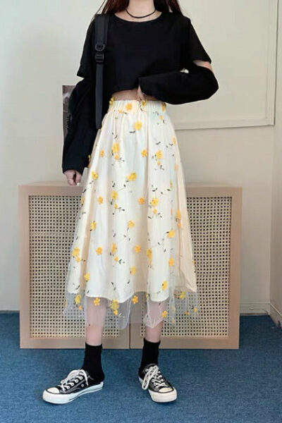 Flower Embroidered Cottagecore Skirt