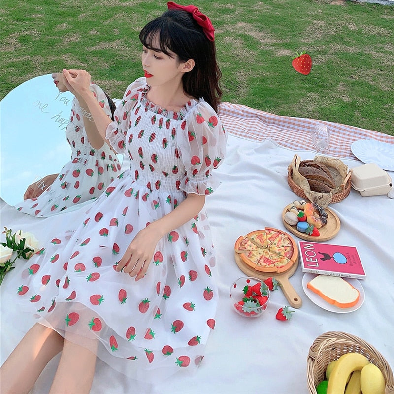 Sweet Strawberry Embellished cottagecore Dress