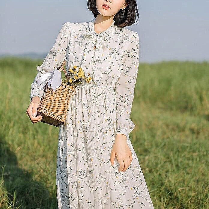 Cottagecore Girl Soft Floral Chiffon Dress