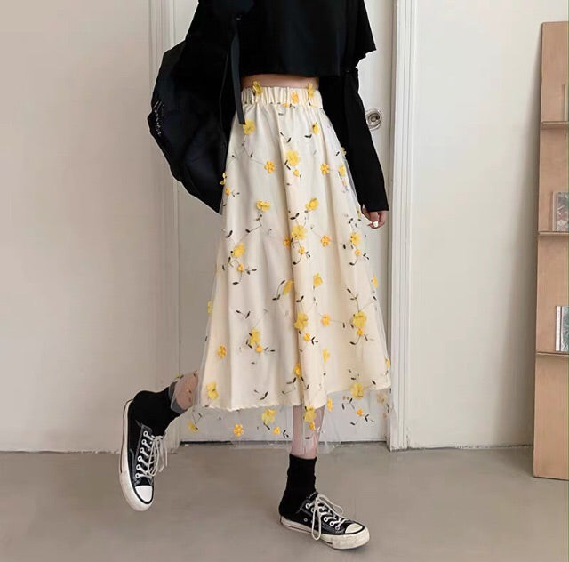 Flower Embroidered Cottagecore Skirt