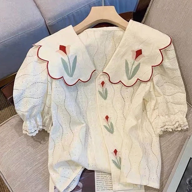 Tulip Embroidered Cottagecore Shirt