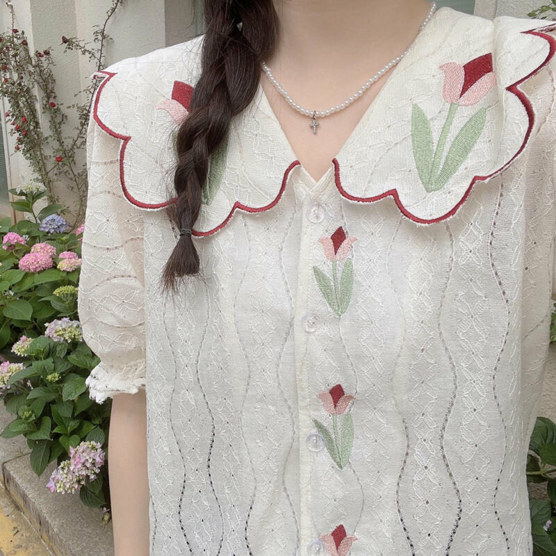Tulip Embroidered Cottagecore Shirt
