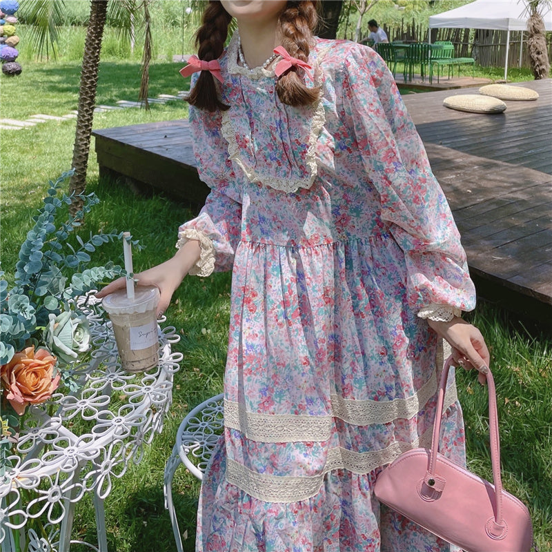 Vintage-Aesthetic Cottage Fairy Floral Fall Dress