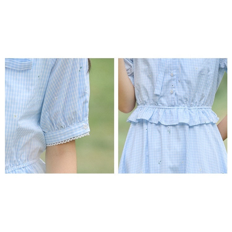 Bloom-Berry Blue Plaid Cottagecore Dress